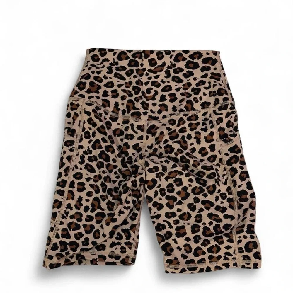 Leopard Print Biker Shorts Tan Small High Waisted Athleisure Gym